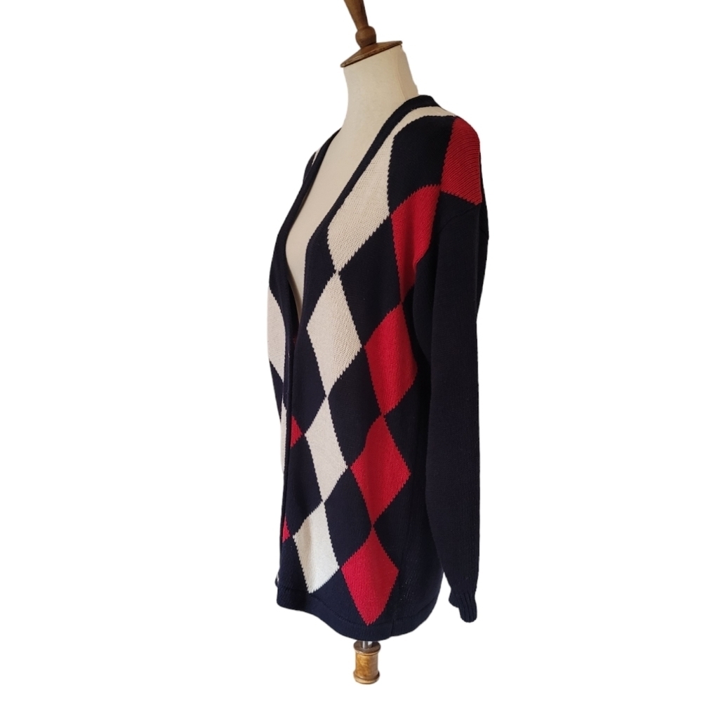 90's Casual Corner Navy Red Cream Argyle Ramie Cotton Cardigan - Picture 4 of 7